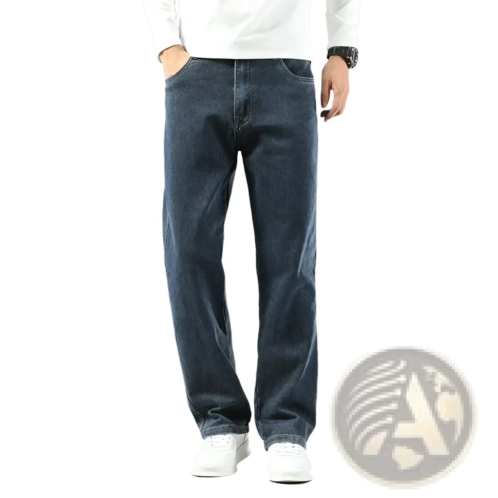 Men’s loose straight business casual jeans in dark blue denim with classic stitching and a straight-leg cut
