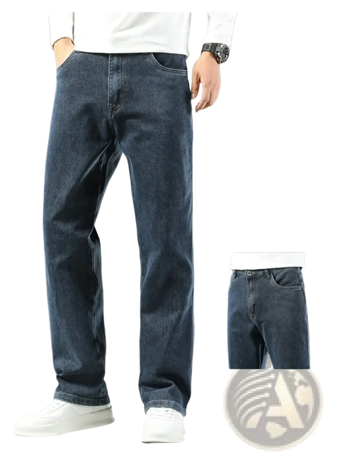 Men’s loose straight business casual jeans in dark blue denim with a classic five-pocket design