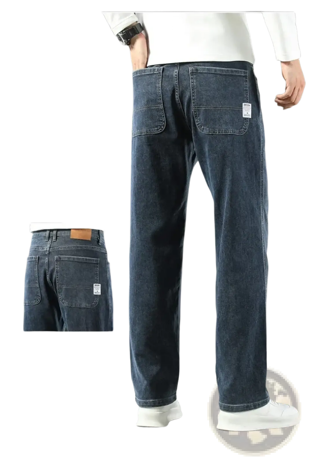 Men’s loose straight business casual dark blue denim jeans back side with relaxed fit and classic back pockets