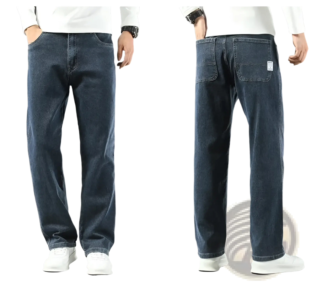 Men’s loose straight business casual jeans in dark blue denim with relaxed fit and classic five-pocket design