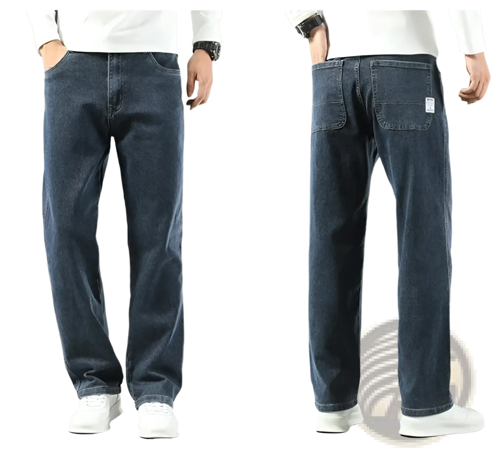 Men’s loose straight business casual jeans in dark blue denim with relaxed fit and classic five-pocket design
