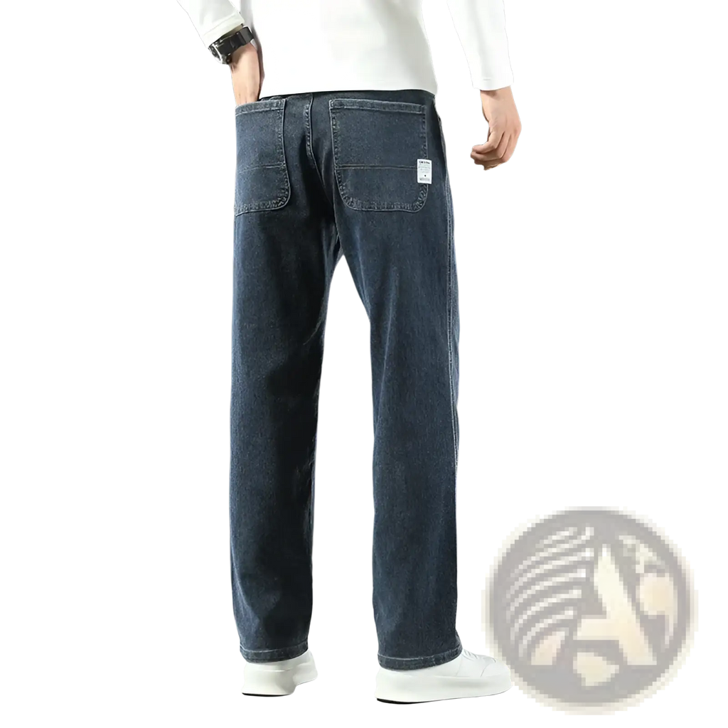 Men’s dark blue denim loose straight business casual jeans with relaxed fit and subtle stitching details
