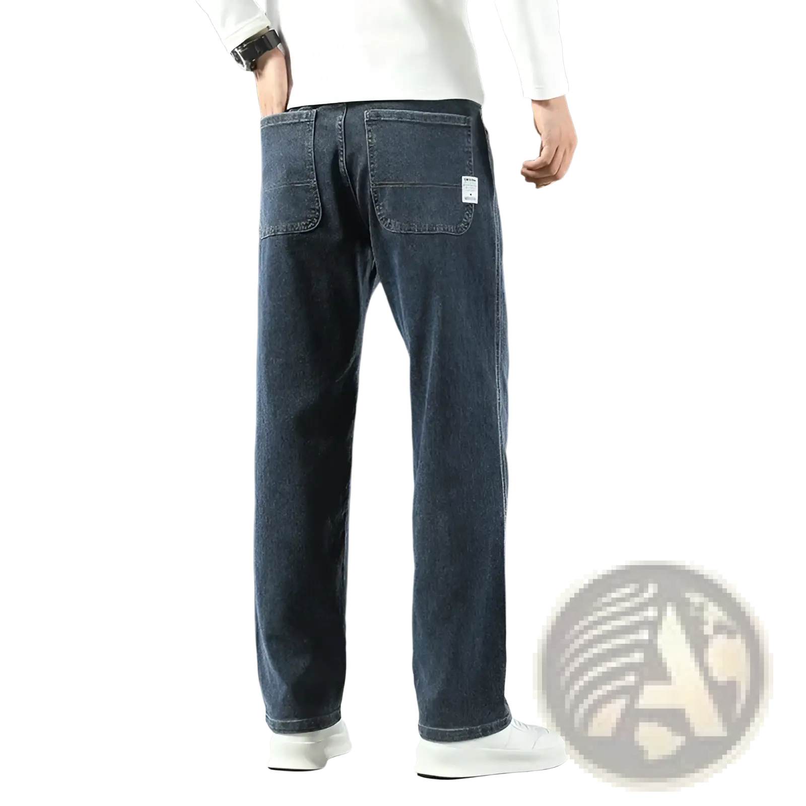 Men’s dark blue denim loose straight business casual jeans with relaxed fit and subtle stitching details