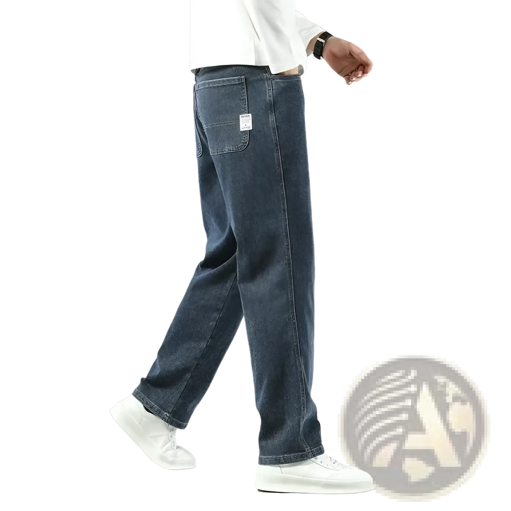 Men’s loose straight business casual jeans in dark blue denim with a relaxed fit shown from the back side