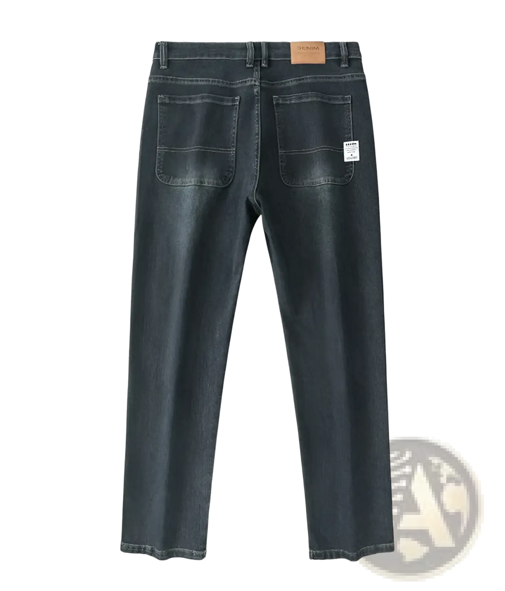 Men’s loose straight business casual jeans in dark gray denim with subtle fading and a brown leather brand patch