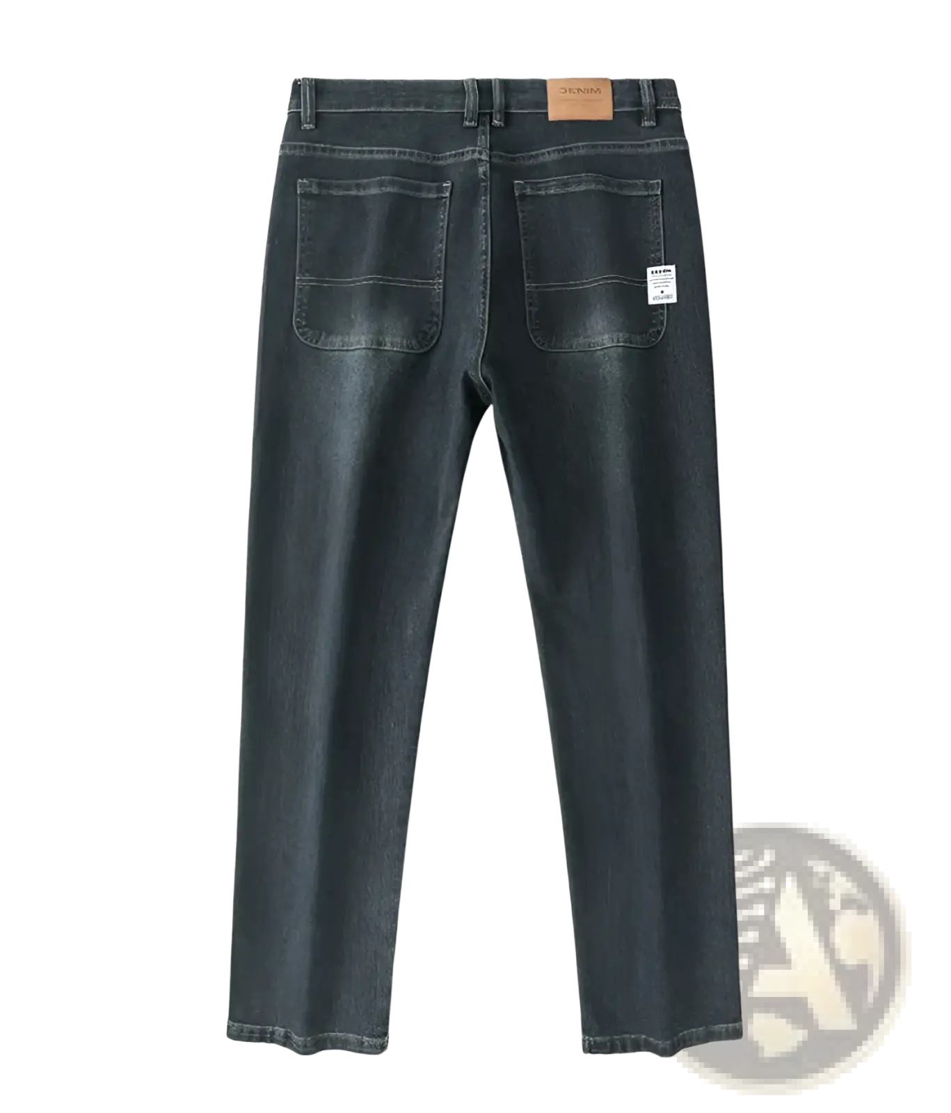 Men’s loose straight business casual jeans in dark gray denim with subtle fading and a brown leather brand patch