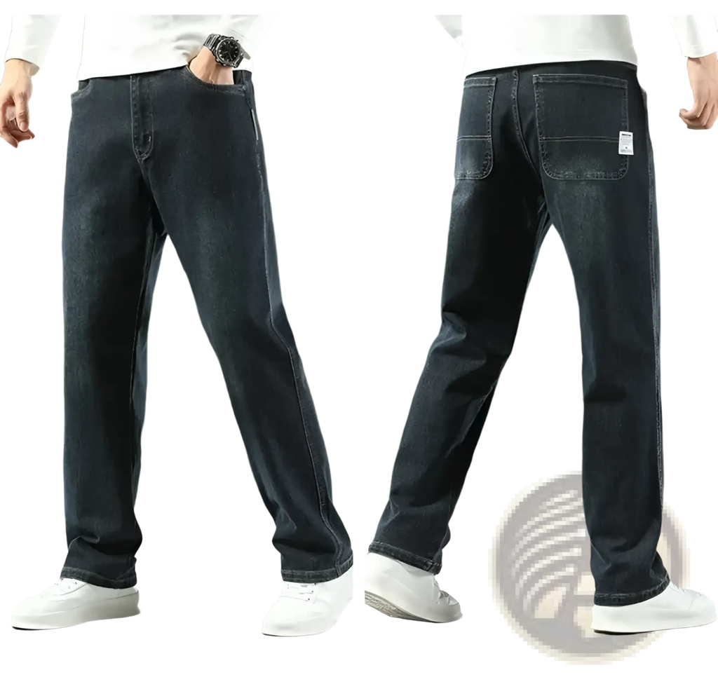Dark indigo denim men’s loose straight business casual jeans with relaxed fit and classic five-pocket design
