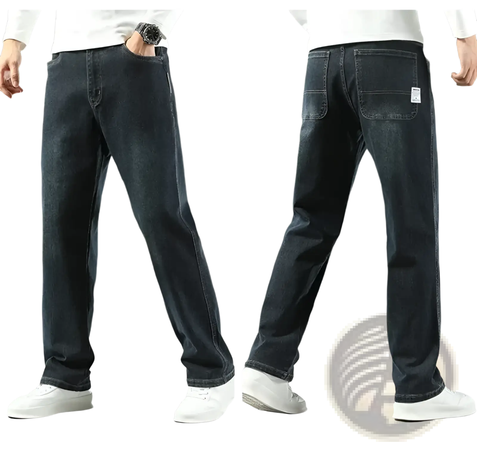 Dark indigo denim men’s loose straight business casual jeans with relaxed fit and classic five-pocket design