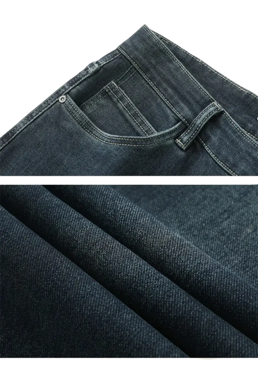 Men’s loose straight business casual jeans in dark-wash denim with classic five-pocket design and visible stitching