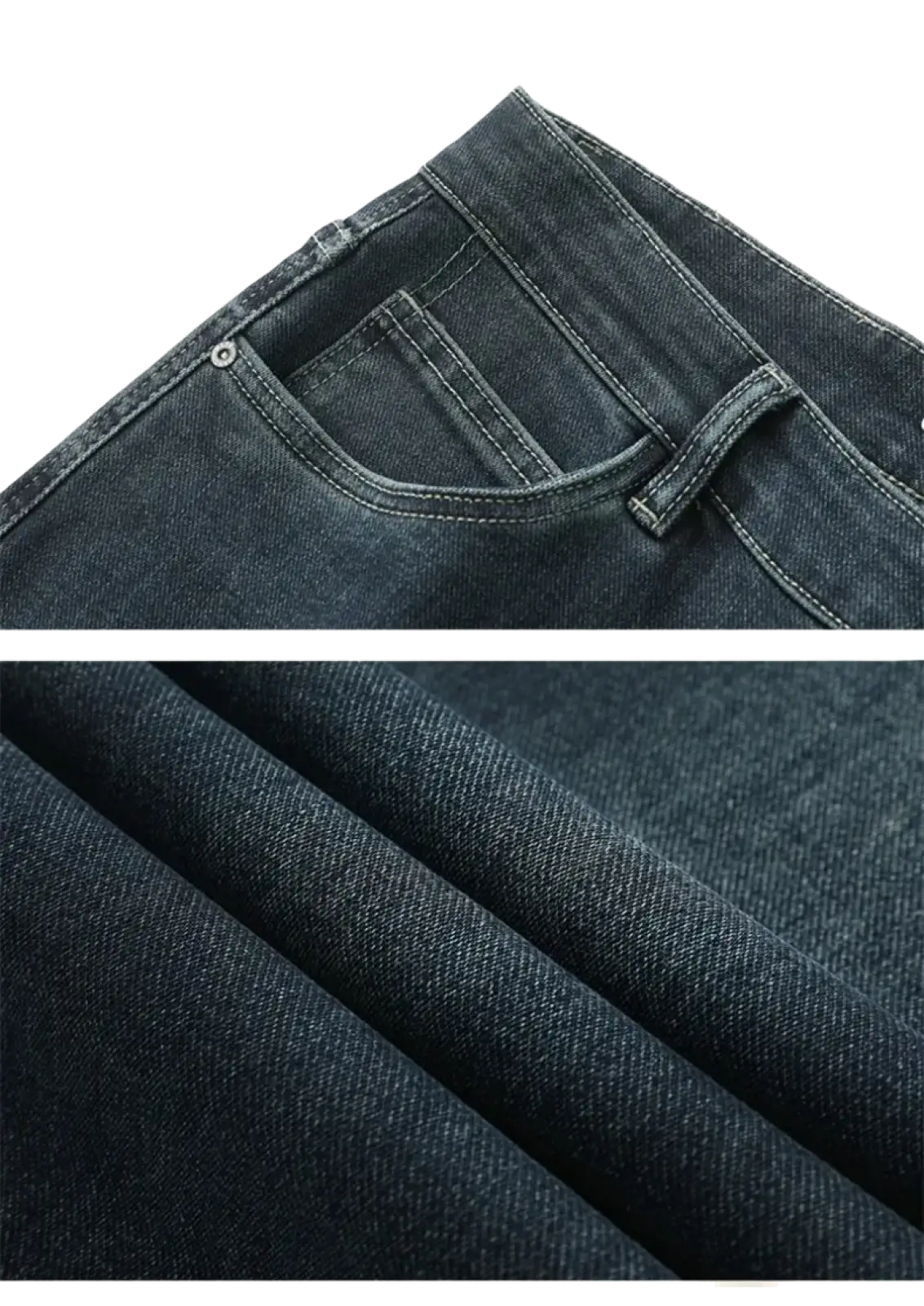 Men’s loose straight business casual jeans in dark-wash denim with classic five-pocket design and visible stitching