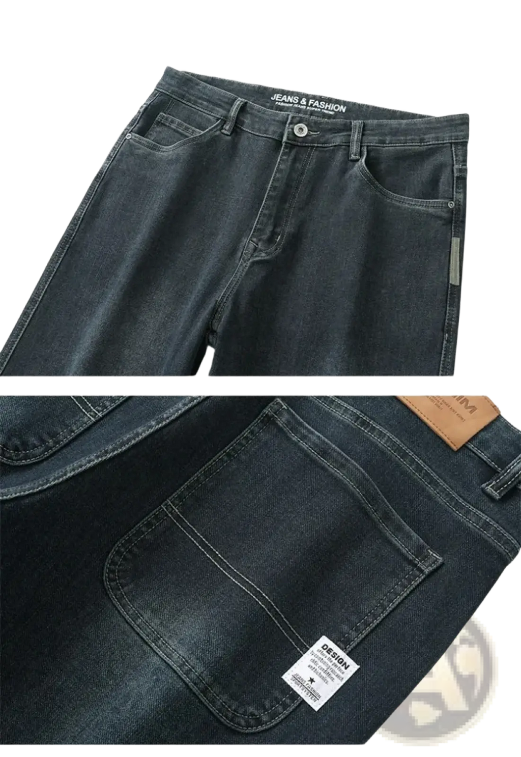 Men’s loose straight business casual dark wash denim jeans with classic five-pocket design and brown leather patch