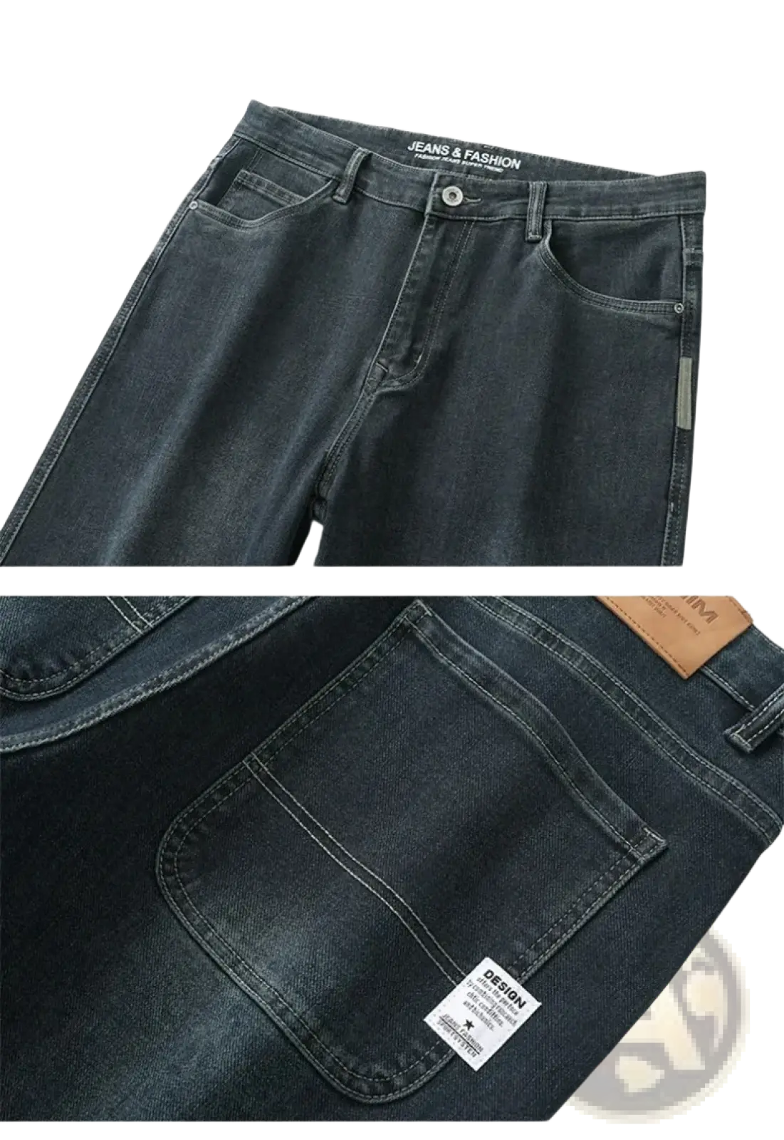 Men’s loose straight business casual dark wash denim jeans with classic five-pocket design and brown leather patch