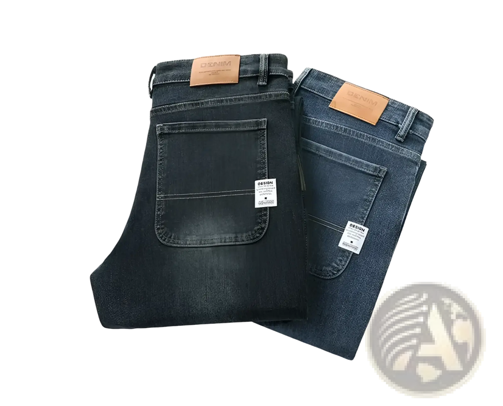 Men’s loose straight dark-wash denim jeans with classic five-pocket design and brown leather patches on waistband back side