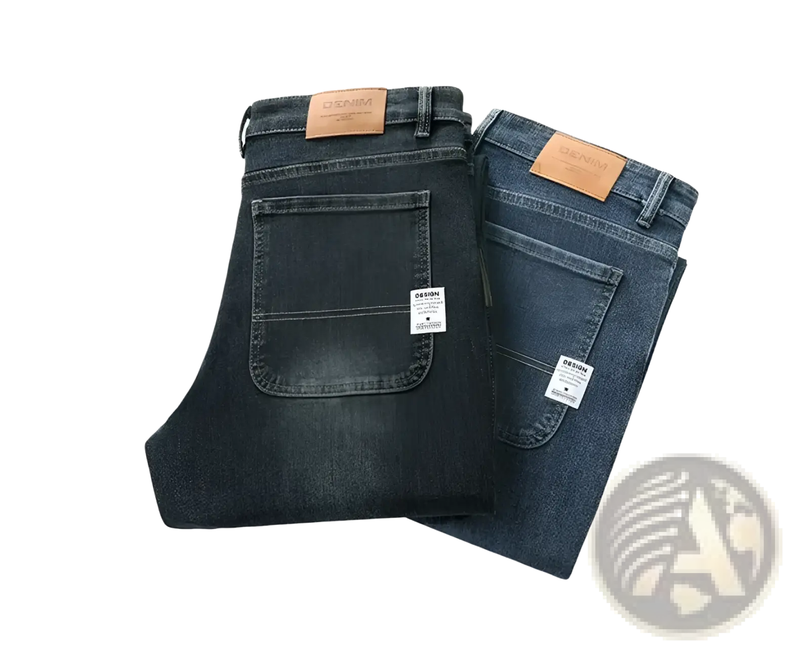 Men’s loose straight dark-wash denim jeans with classic five-pocket design and brown leather patches on waistband back side