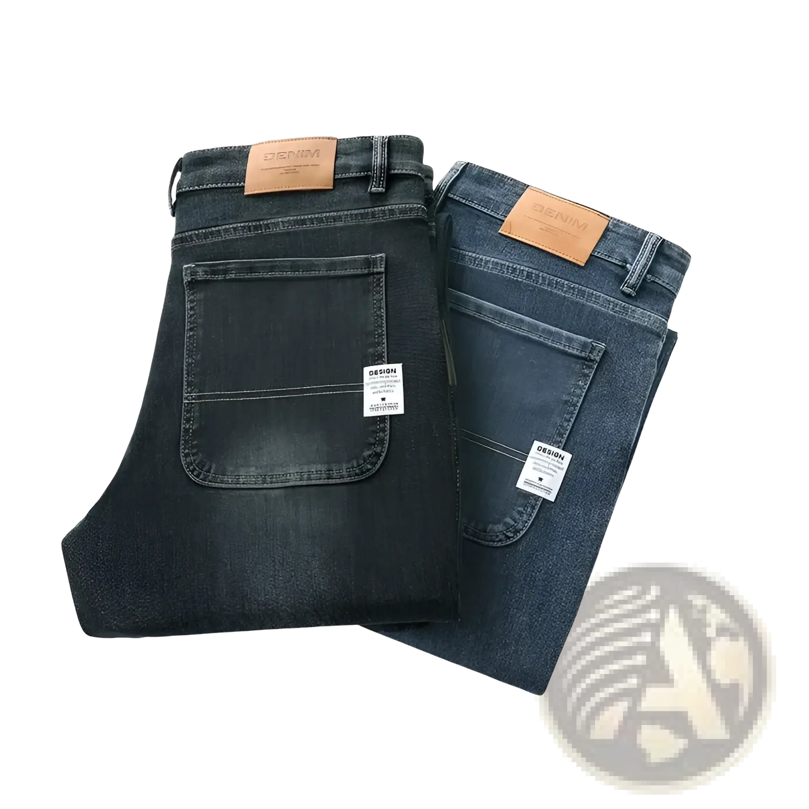 Men’s loose straight business casual jeans in dark-wash denim with brown leather patches on the waistband, back side view