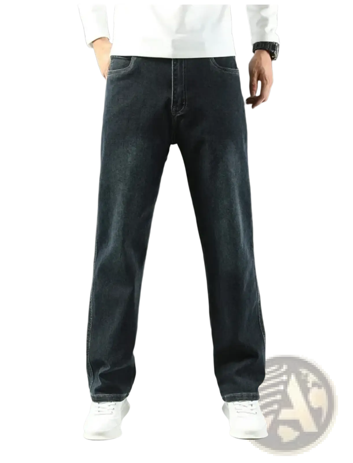 Men’s loose straight business casual jeans in dark wash denim with a straight-leg cut and classic stitching details