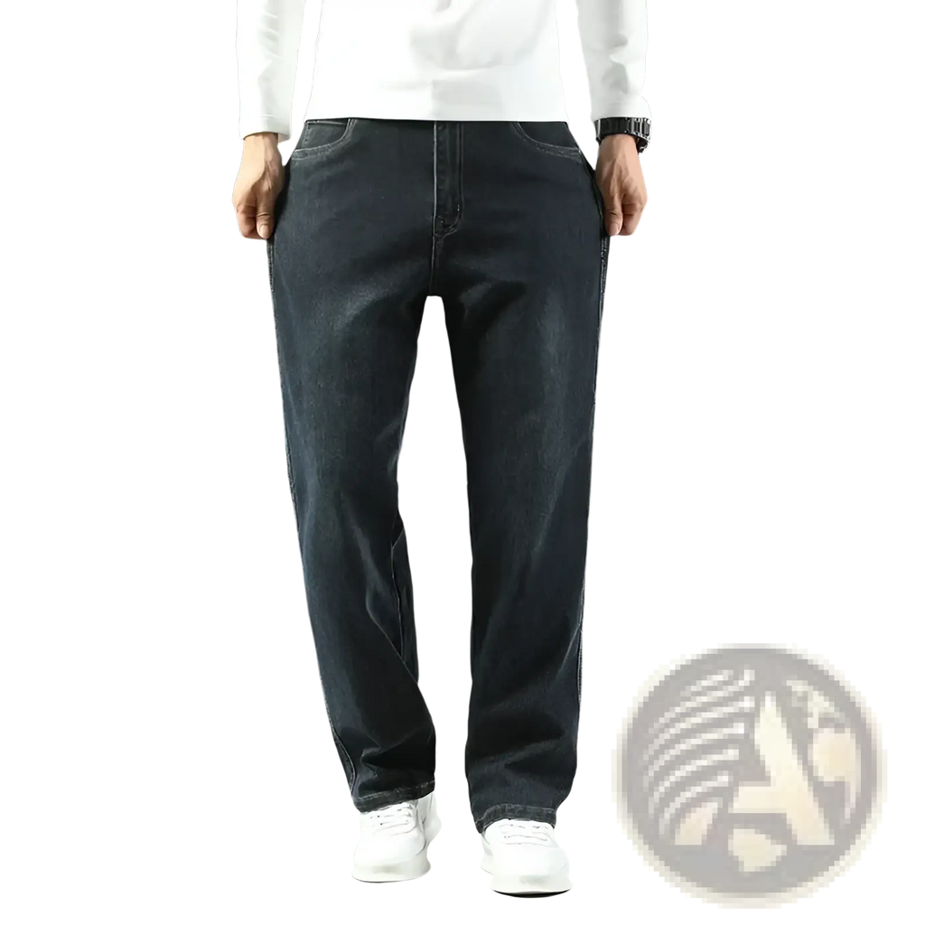 Men’s loose straight business casual jeans in dark-wash denim with classic stitching and a straight-leg cut