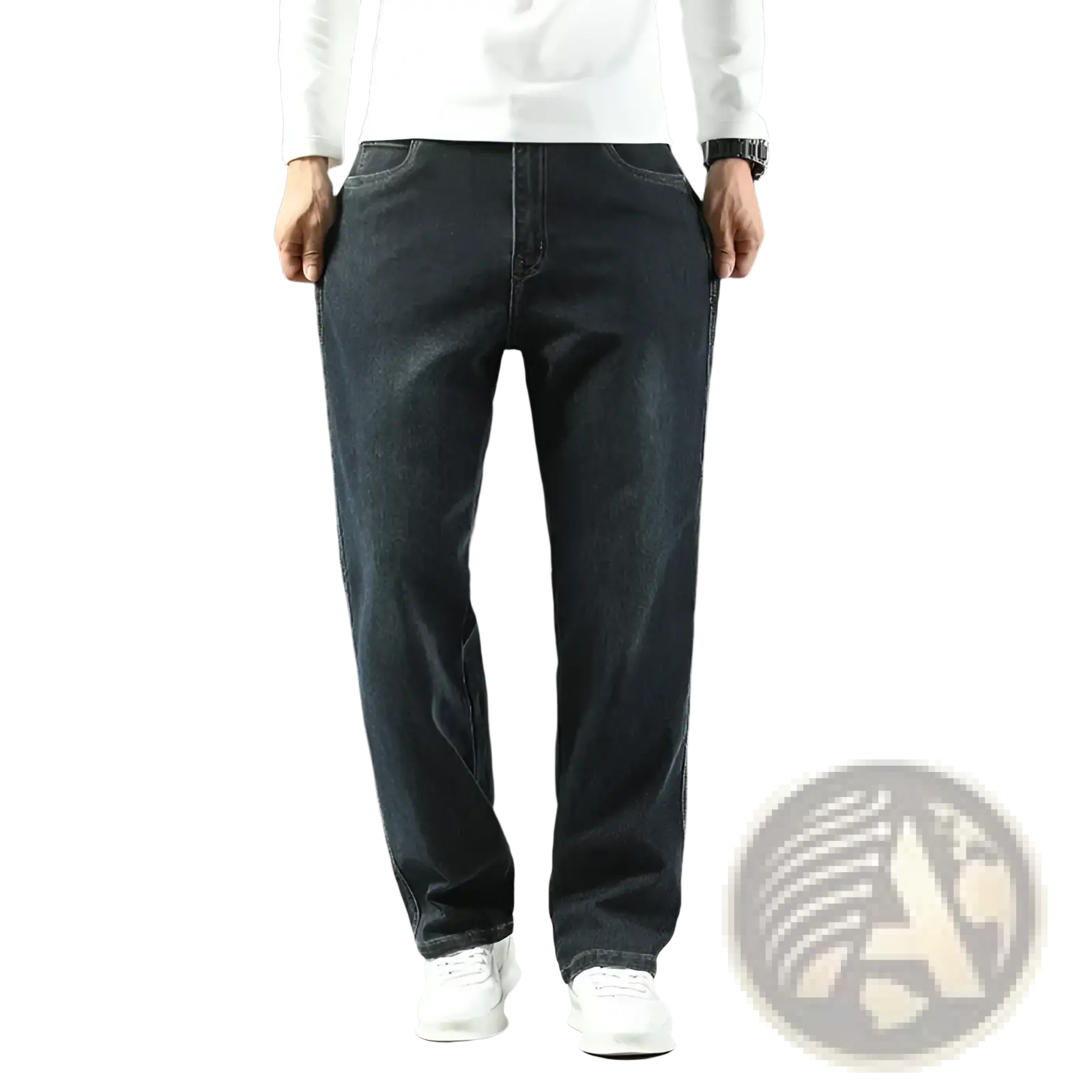 Men’s loose straight business casual jeans in dark-wash denim with classic stitching and a straight-leg cut