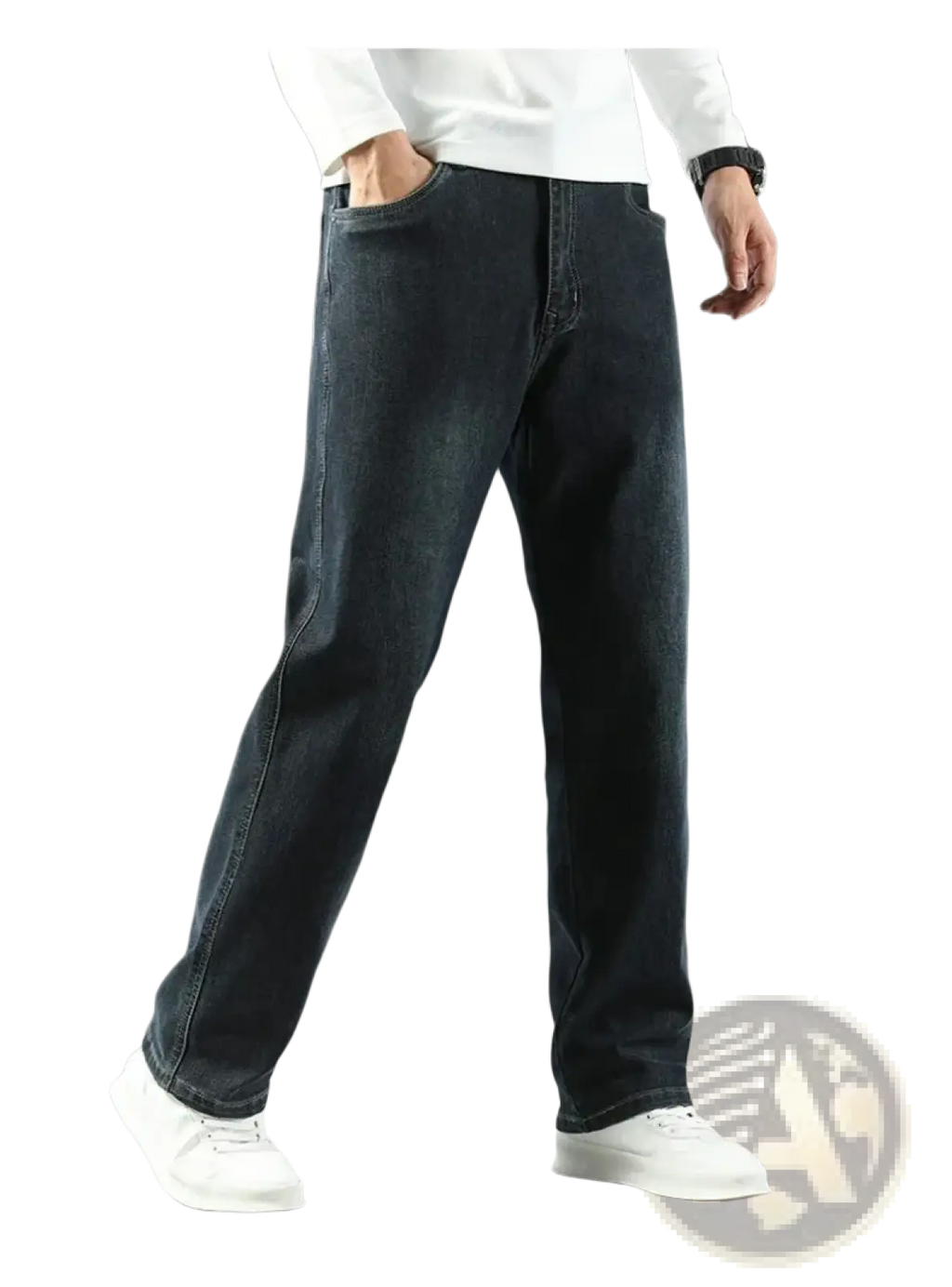 Men’s loose straight business casual jeans in dark-wash denim with a straight-leg cut and classic five-pocket design