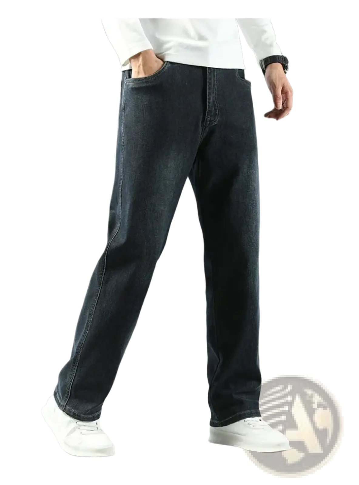 Men’s loose straight business casual jeans in dark-wash denim with a straight-leg cut and classic five-pocket design