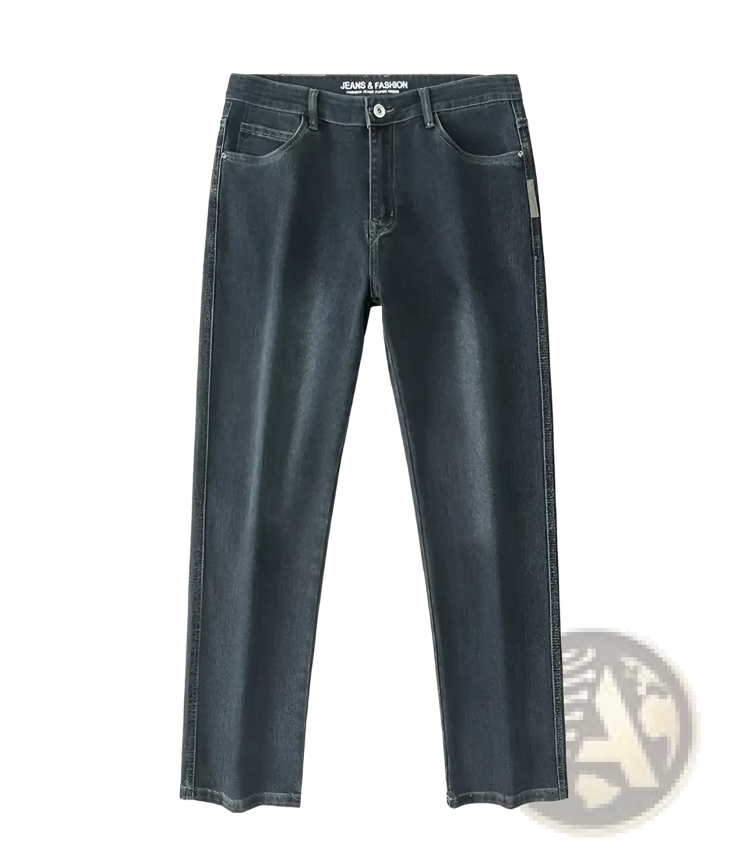 Men’s loose straight business casual jeans in dark-wash denim with a classic five-pocket design and straight-leg cut