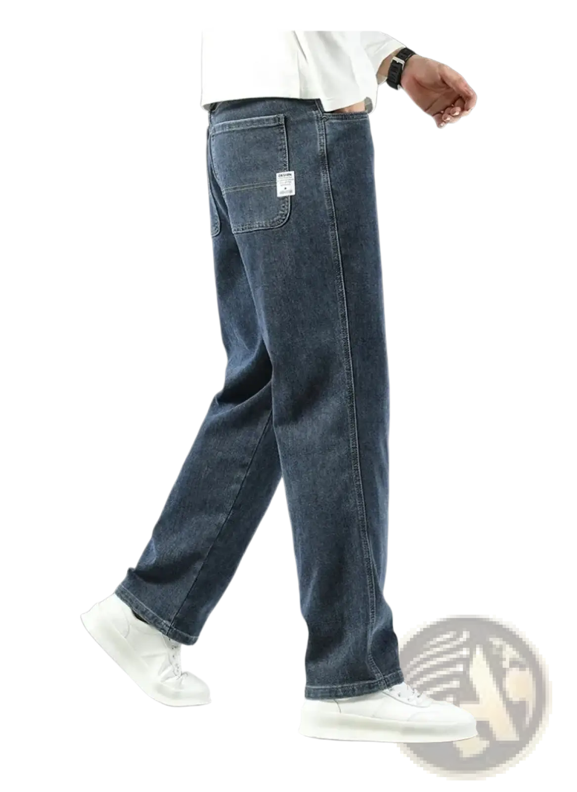 Men’s loose straight business casual jeans in dark-wash denim with relaxed cut and subtle fading on the thighs