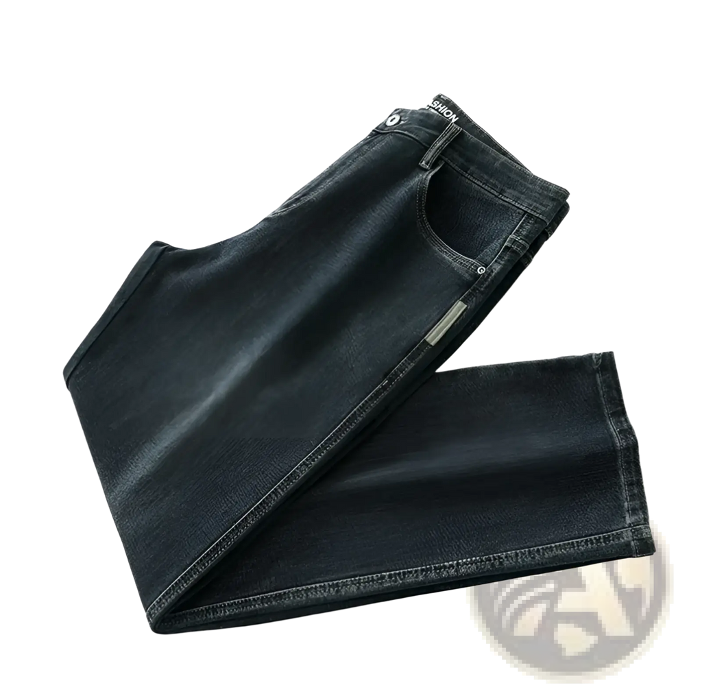 Men’s dark wash denim loose straight business casual jeans with slim fit and subtle fading on the thighs