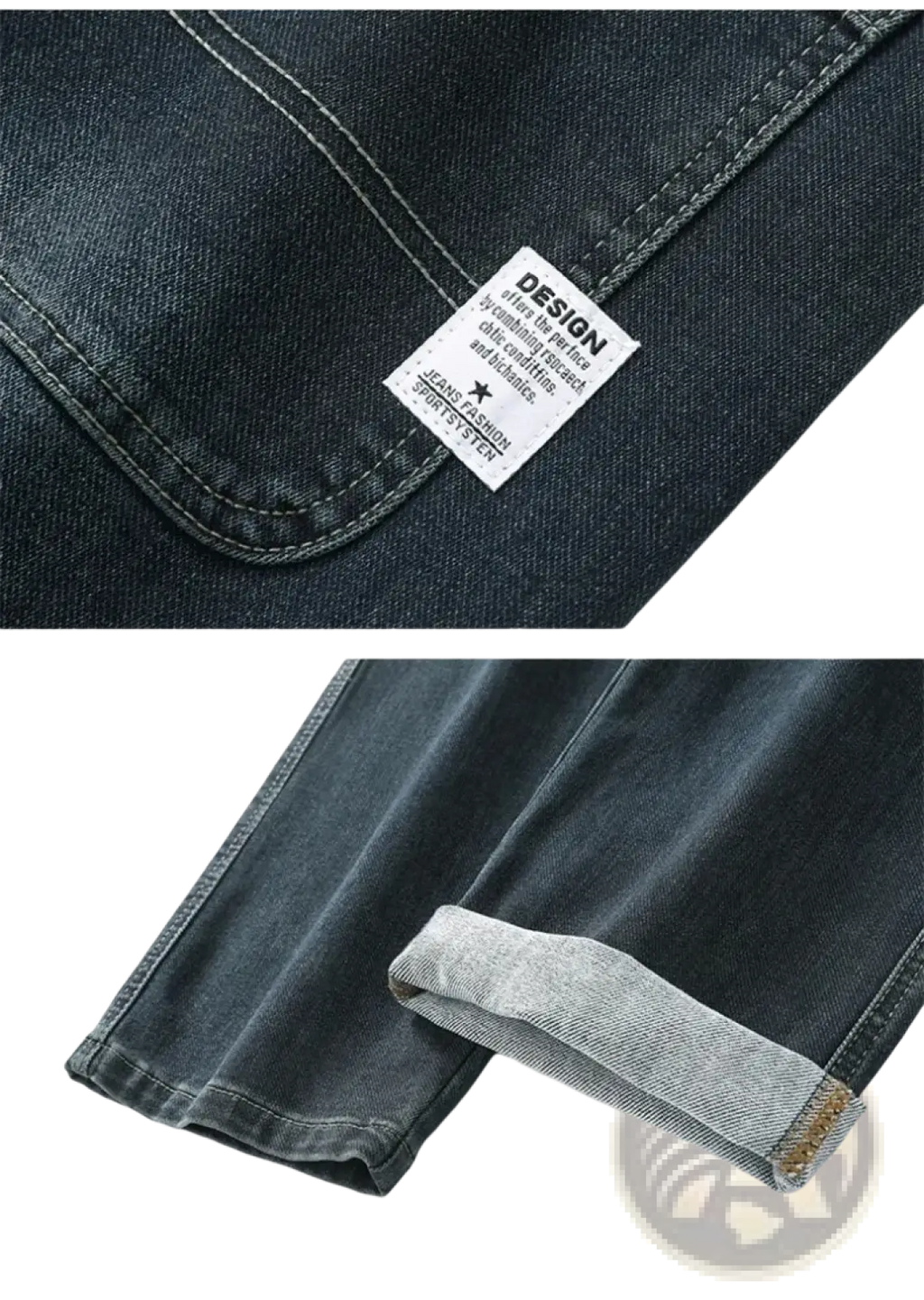 Men’s loose straight business casual dark-wash denim jeans with subtle faded texture and rolled cuffs showing lighter lining