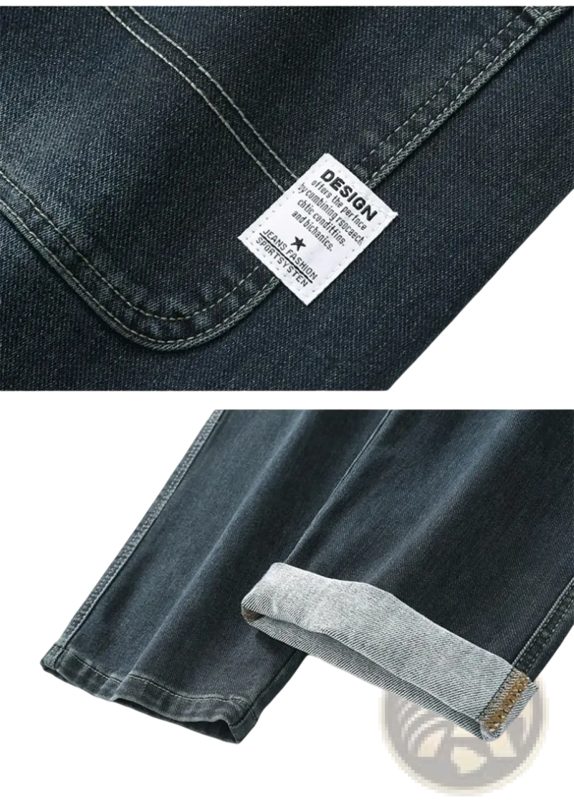 Men’s loose straight business casual dark-wash denim jeans with subtle faded texture and rolled cuffs showing lighter lining