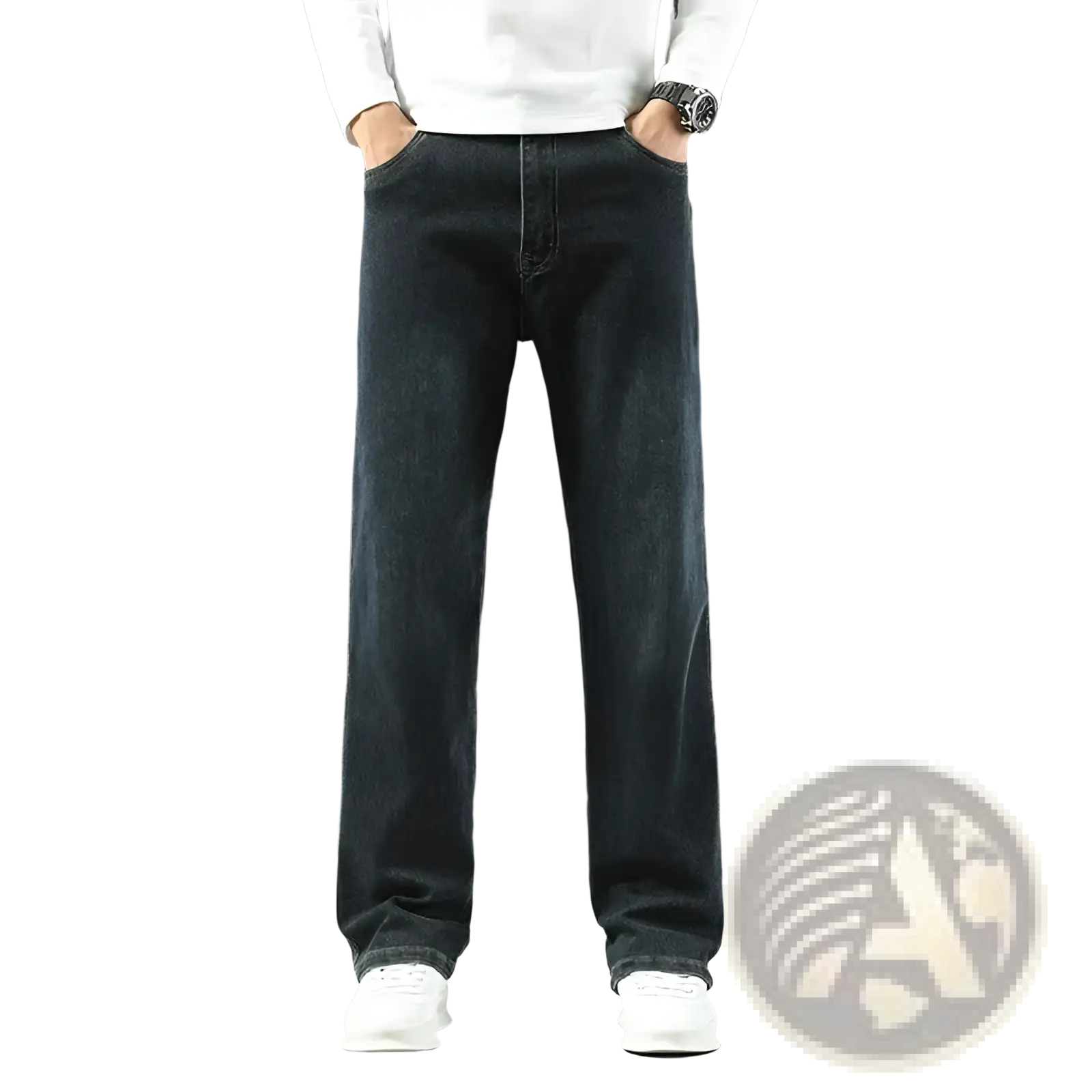 Men’s loose straight business casual jeans in dark-wash denim with classic stitching and a straight-leg cut