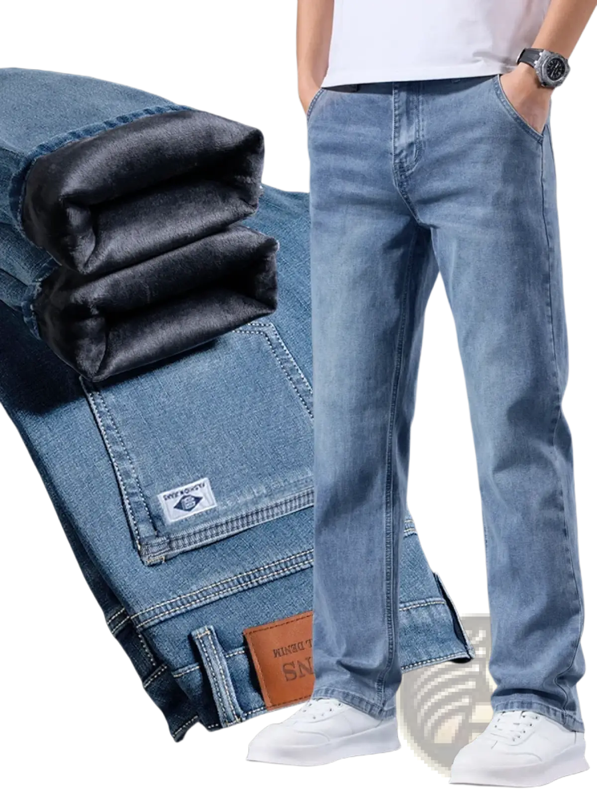 Back side of men’s loose straight leg retro washed jeans in light-wash denim with black fleece lining and brown leather patch