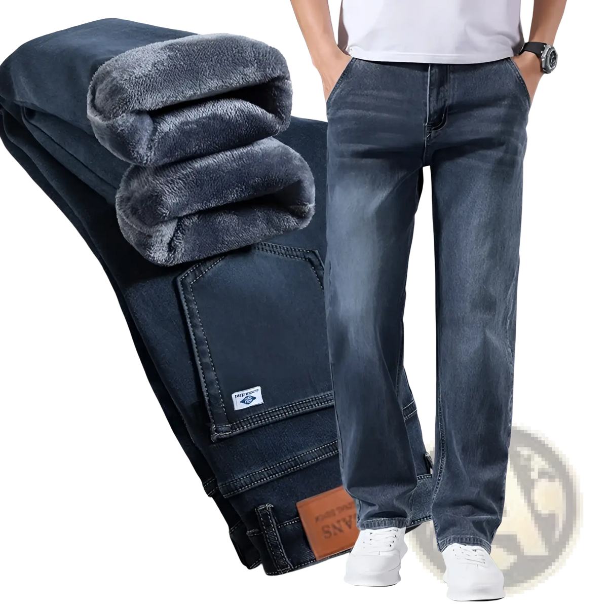Men’s loose straight leg retro washed dark blue denim jeans with plush gray fleece lining for warmth and comfort