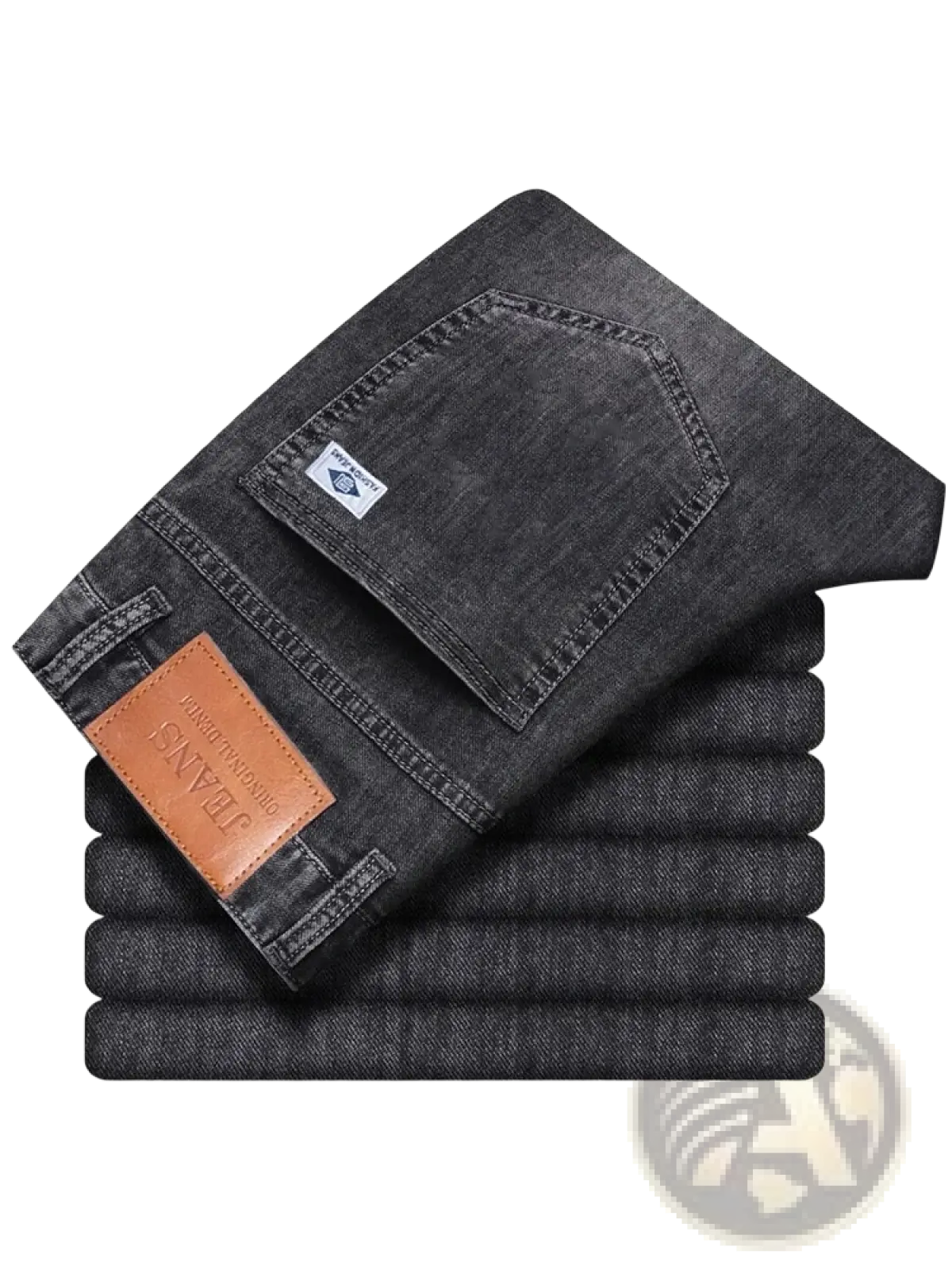 Men’s loose straight leg retro washed dark gray denim jeans with brown leather patch and stitched back pockets