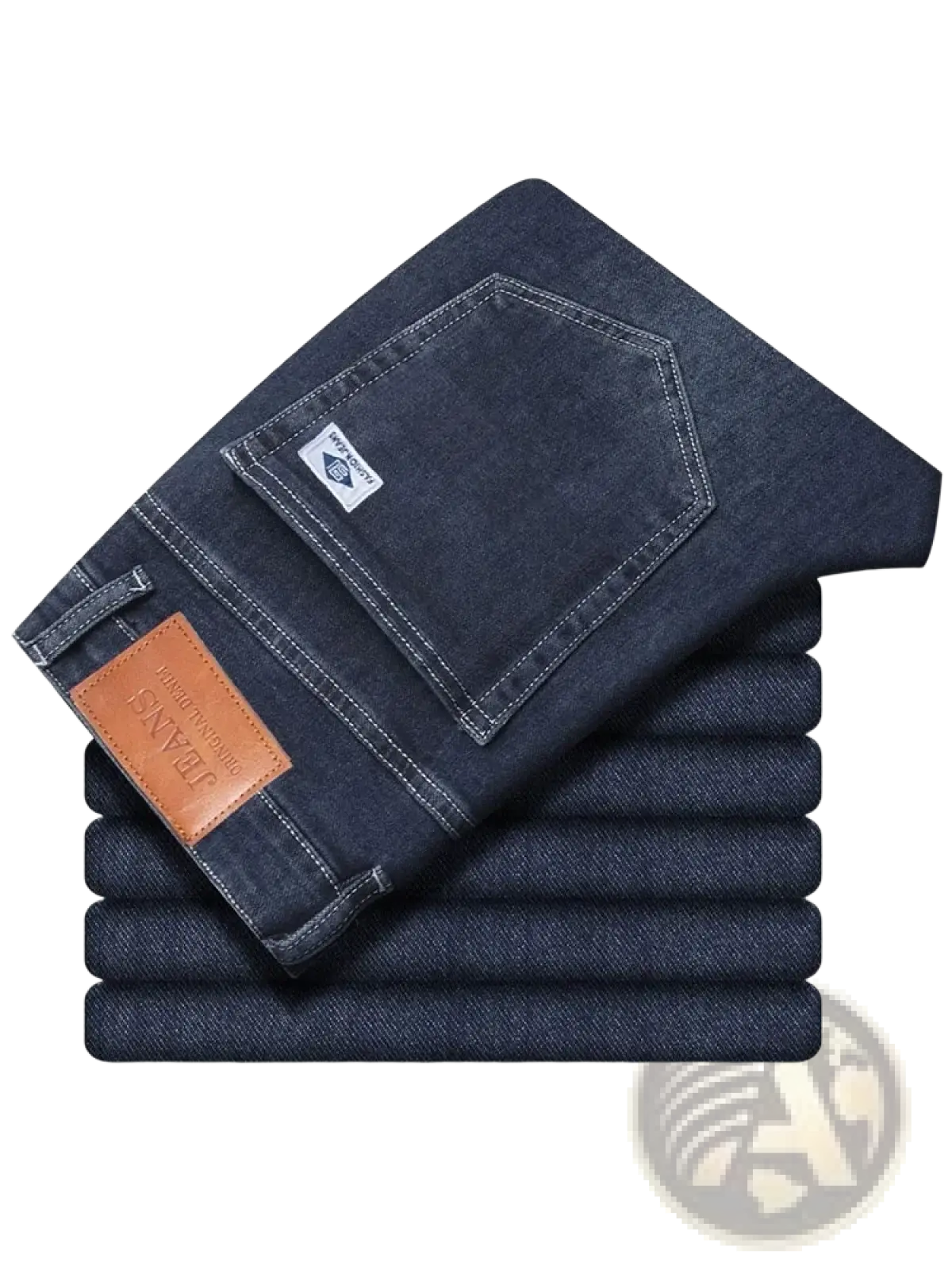 Men’s loose straight leg retro washed dark blue denim jeans with brown leather patch on the waistband back view