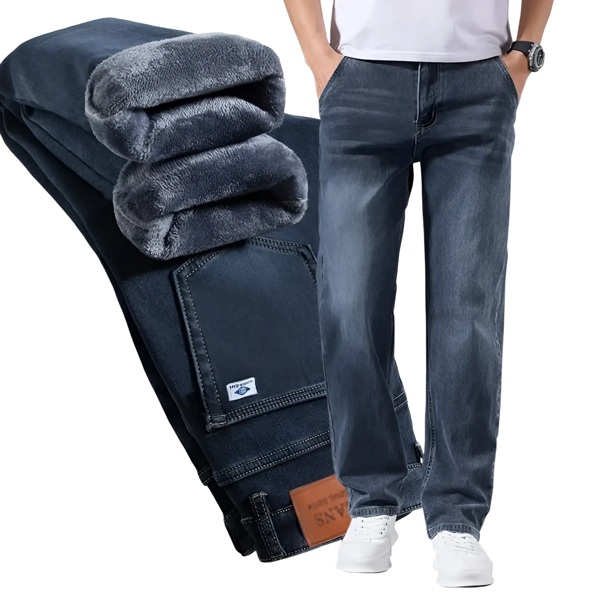 Men’s loose straight leg retro washed dark blue denim jeans with plush gray fleece lining for warmth and comfort
