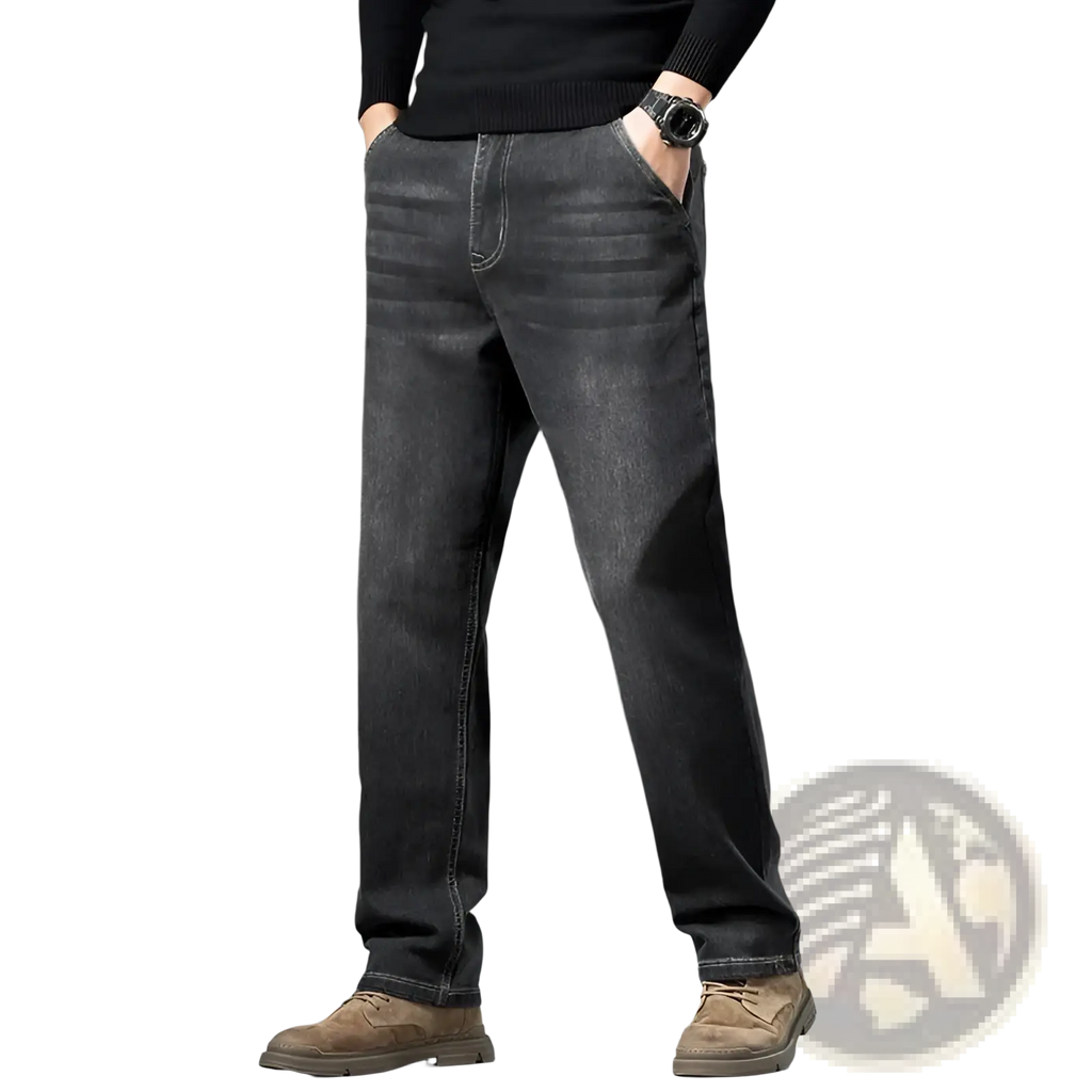 Men’s loose straight leg retro washed dark gray denim jeans with subtle fading details and a straight-leg cut