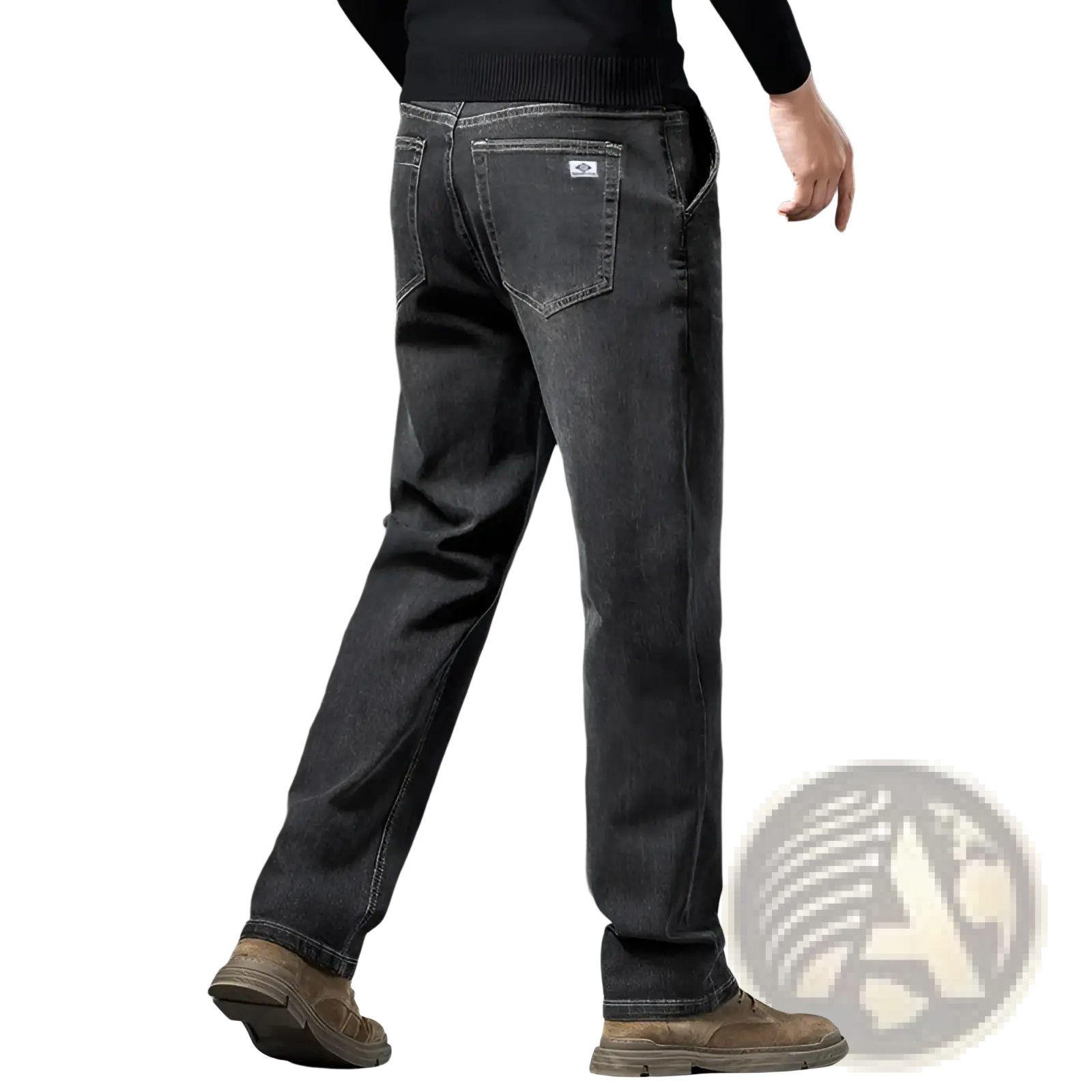 Men’s loose straight leg retro washed jeans in dark gray denim with subtle thigh fading and classic straight cut
