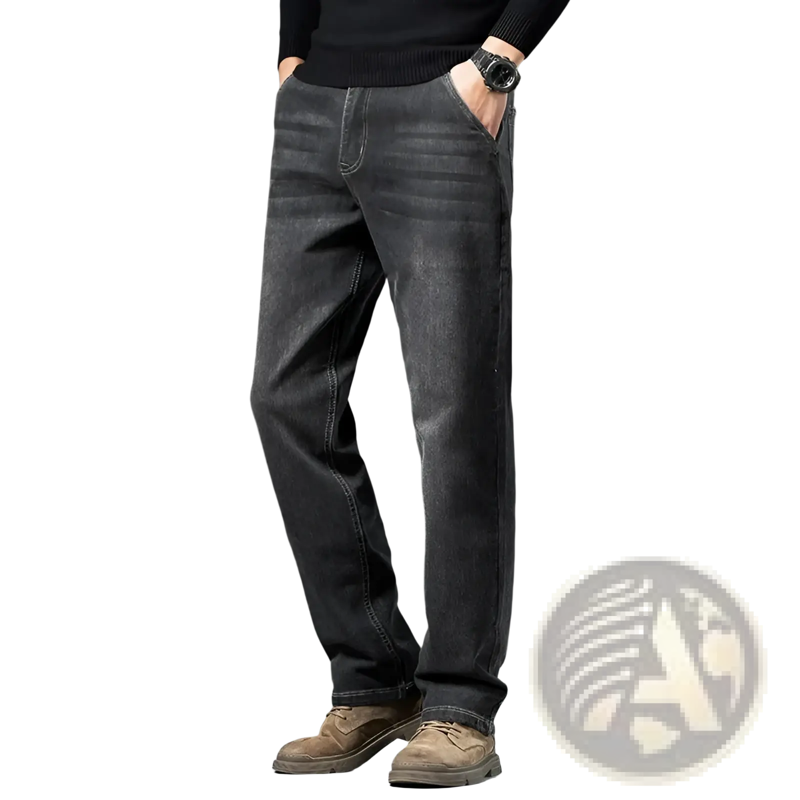 Men’s loose straight leg retro washed jeans in dark gray denim with a relaxed fit and subtle fading details