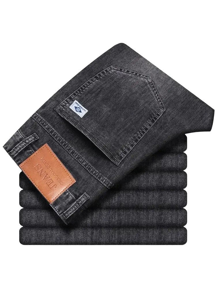 Men’s loose straight leg retro washed dark gray denim jeans with brown leather patch and stitched back pockets