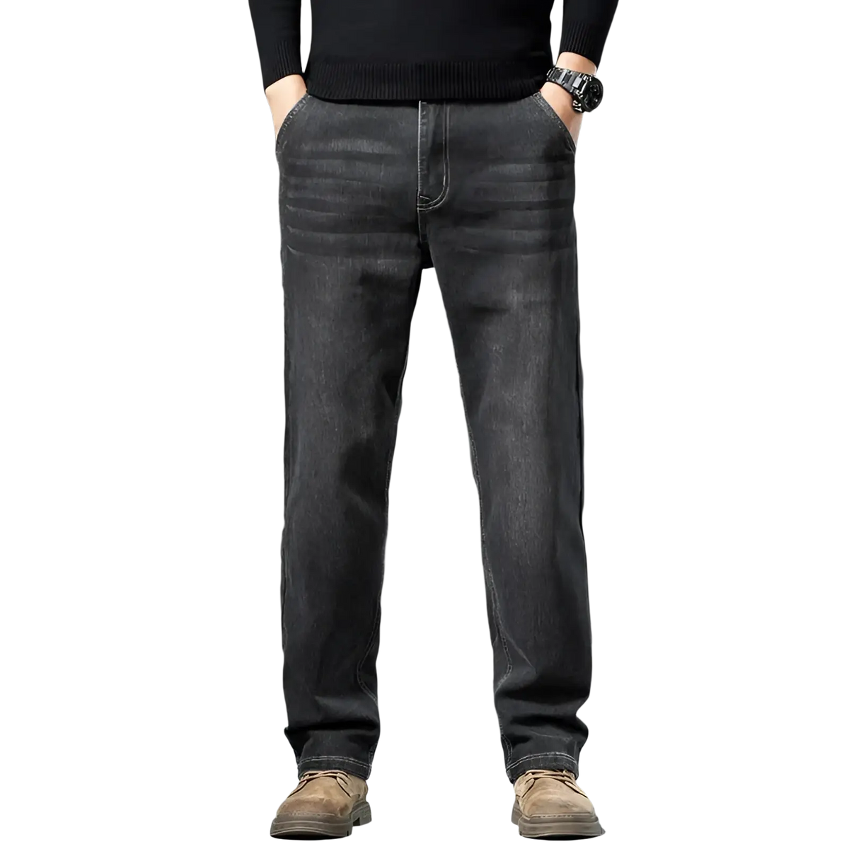 Men’s loose straight leg retro washed jeans in dark-wash denim with classic stitching details displayed from the front