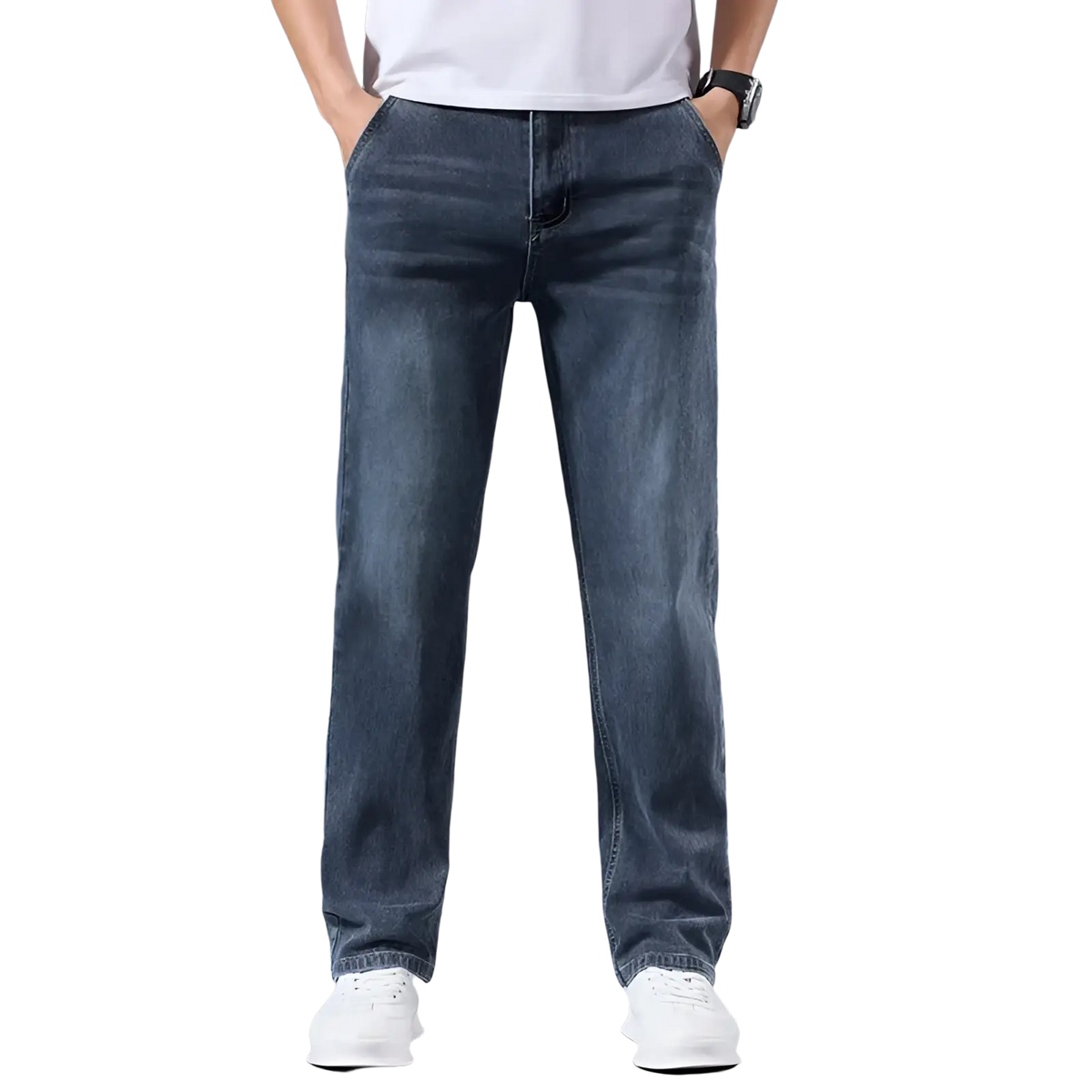 Men’s loose straight leg retro washed jeans in dark-wash denim with classic stitching and a straight-leg cut