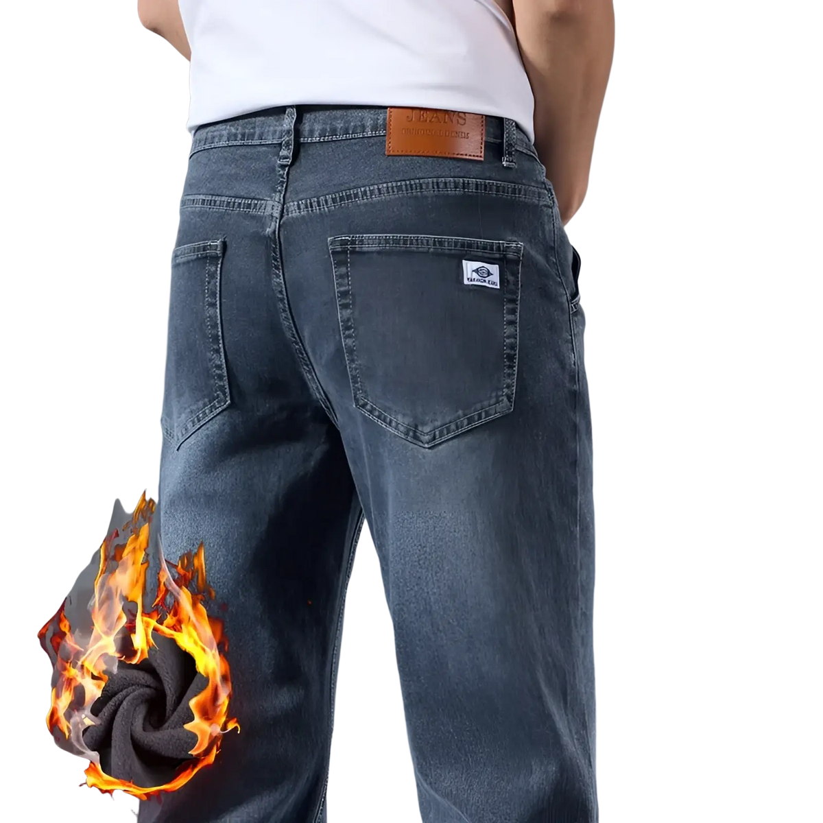 Back view of men’s loose straight leg retro washed dark-wash denim jeans with brown leather patch and white label
