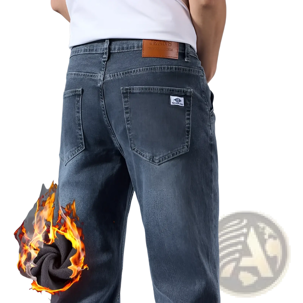 Back view of men’s loose straight leg retro washed dark-wash denim jeans with brown leather patch and white label
