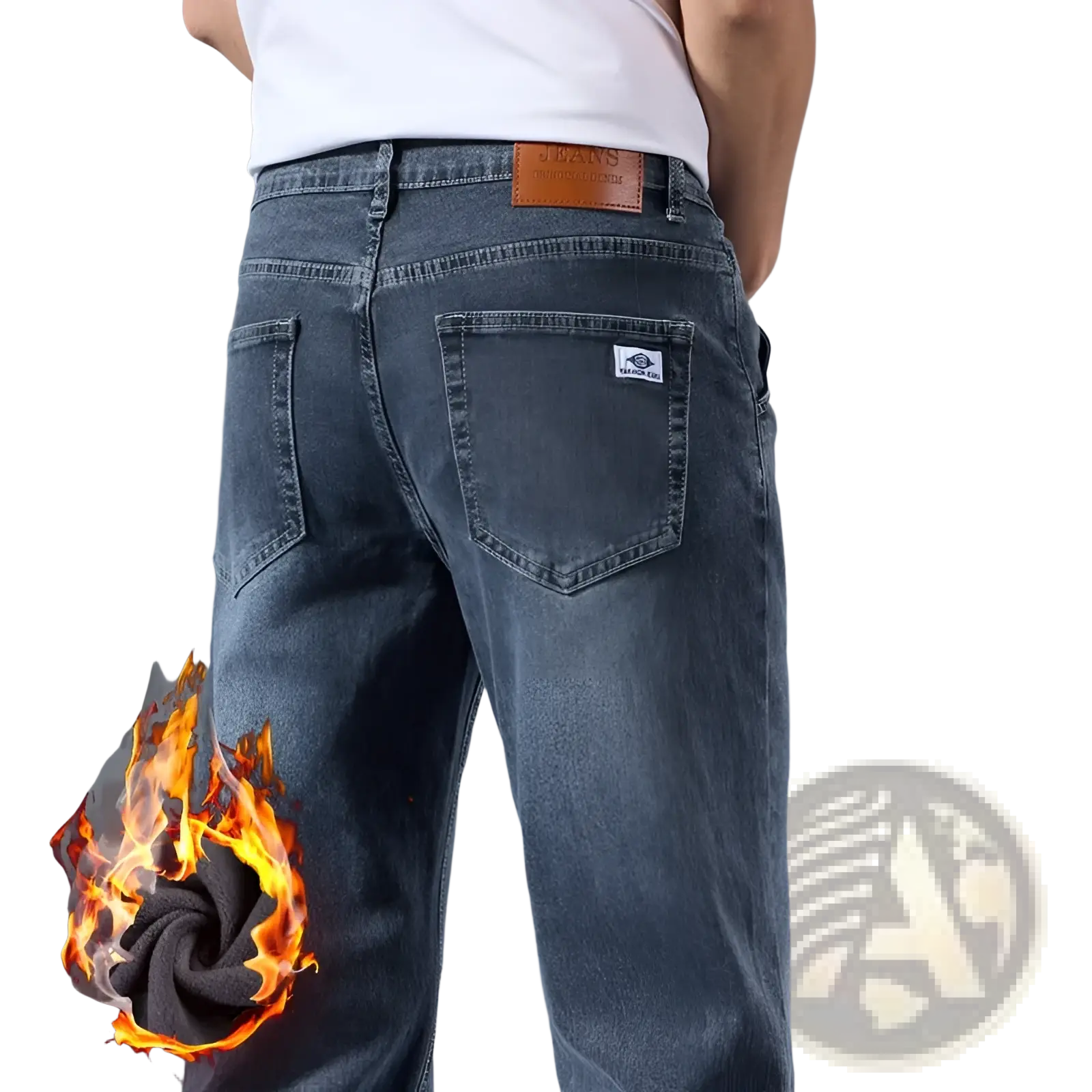 Back view of men’s loose straight leg retro washed dark-wash denim jeans with brown leather patch and white label