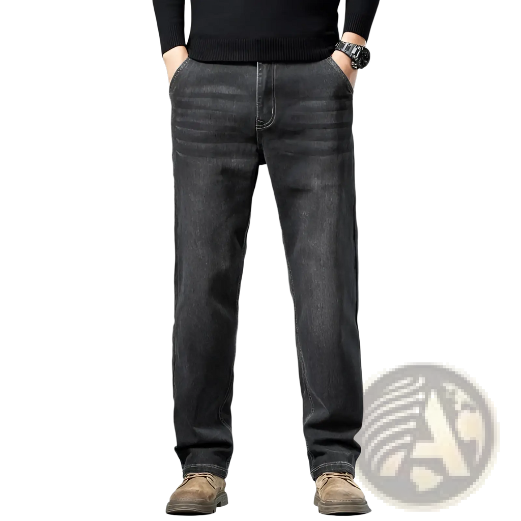 Men’s loose straight leg retro washed jeans in dark-wash denim with classic stitching details displayed from the front