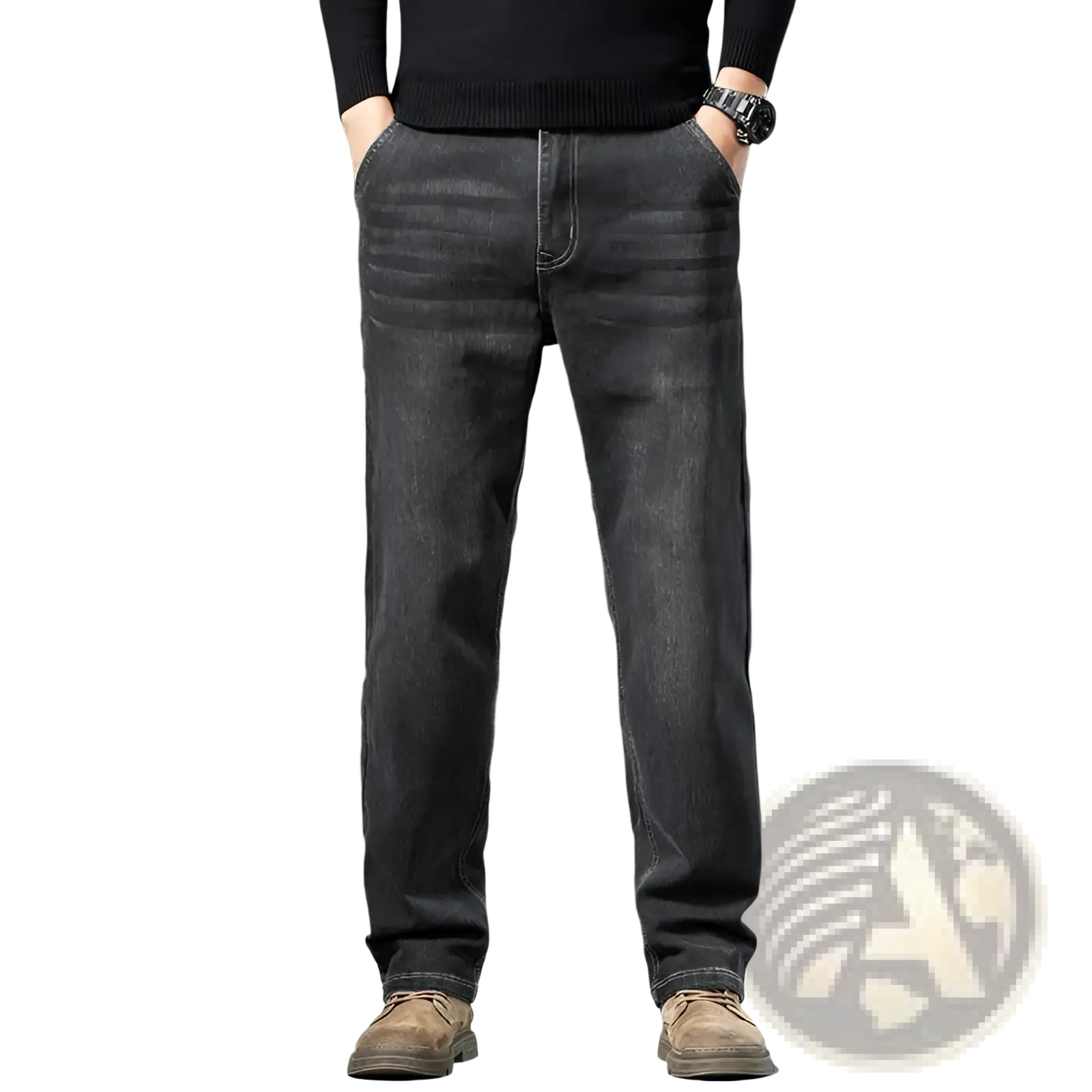 Men’s loose straight leg retro washed jeans in dark-wash denim with classic stitching details displayed from the front