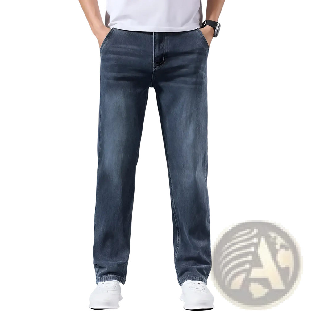 Men’s loose straight leg retro washed jeans in dark-wash denim with classic stitching and a straight-leg cut