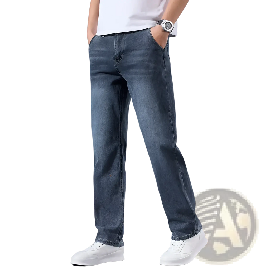 Men’s loose straight leg retro washed dark-wash denim jeans with visible stitching and cozy fleece lining with flame graphic