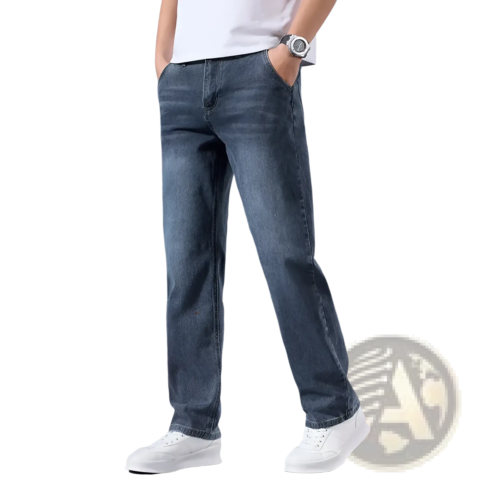 Men’s loose straight leg retro washed dark-wash denim jeans with visible stitching and cozy fleece lining with flame graphic
