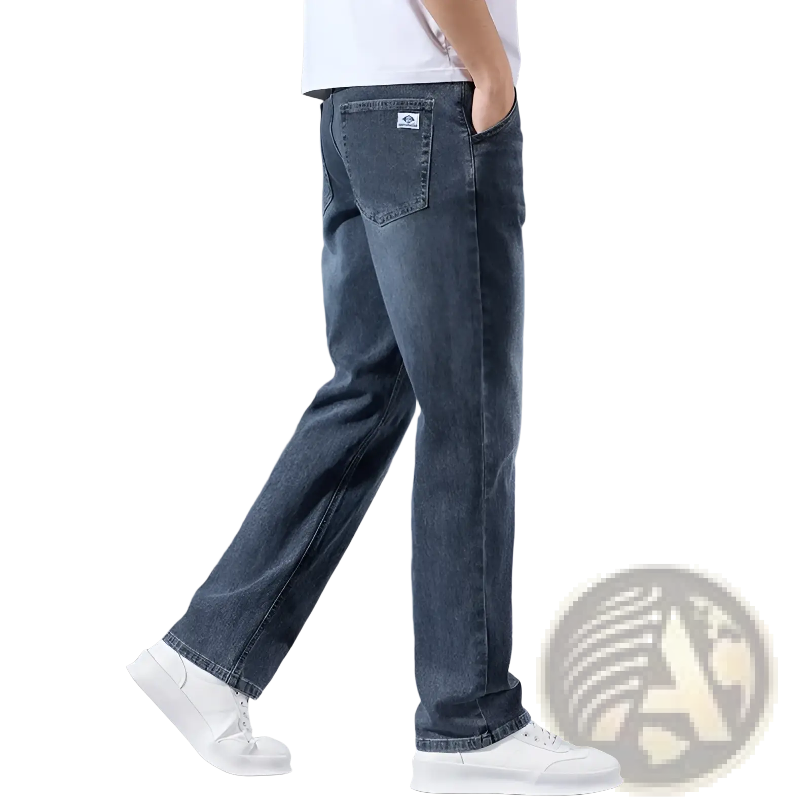 Men’s loose straight leg retro washed dark-wash denim jeans showing back side with a white brand patch on pocket